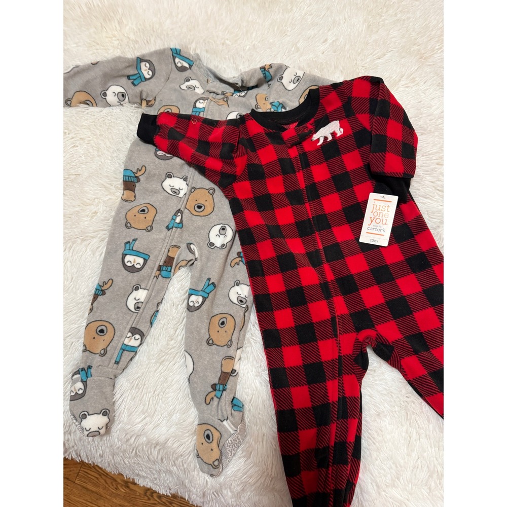 Just One You by Carters Baby 12M Fleece Footed Pajamas Set Buffalo Plaid 2pk